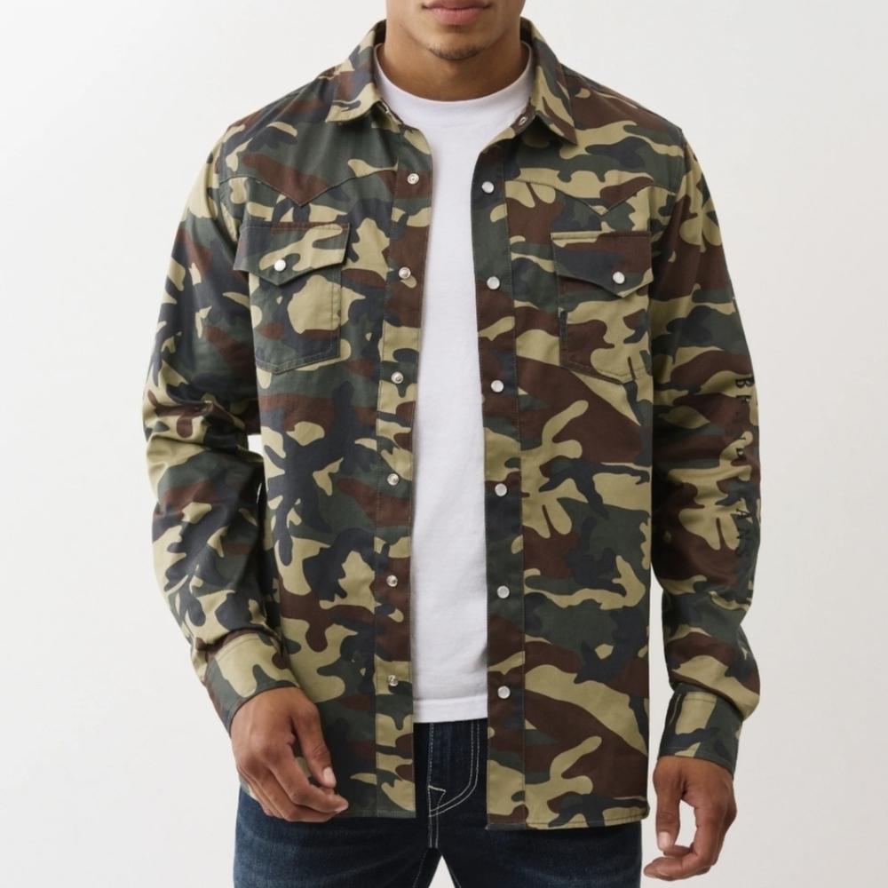 True Religion Mens Size M Western Camo Pearl Snap Long Sleeve Shirt MSRP $89 NWT
